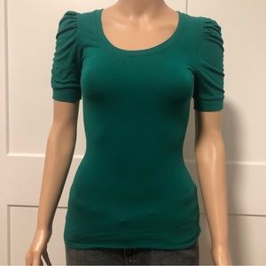 Ambiance Apparel Green Puffy Short Sleeves Cotton Stretch Top Shirt Small XS